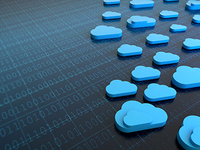 Cloud computing symbols drifting right over binary code screen