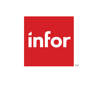 Infor logo, white text over red square block