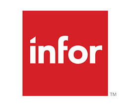 Infor logo, white text over red square block