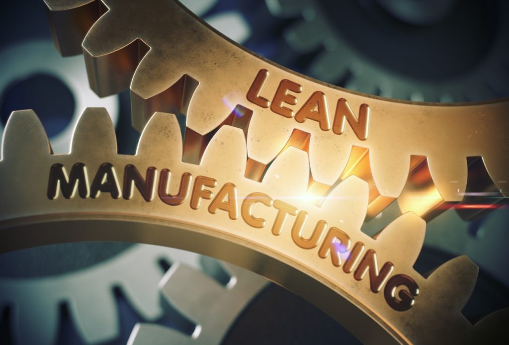 Lean manufacturing imprinted on close up of gears