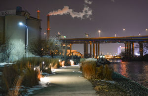 Milwaukee industrial city scape at night with bridge