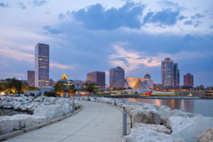 Milwaukee Skyline at dusk from walkway point of view