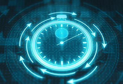 Blue stop watch icon with arrows swirling around it on digital grid