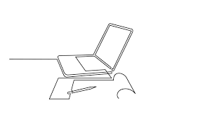 Single line drawing of laptop on desk with notepad & pencil