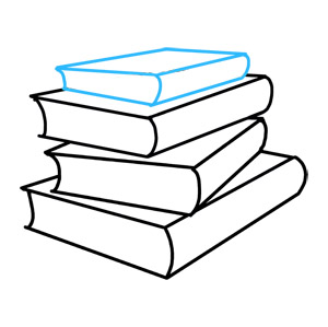Line drawing of stack of books, top book in blue, rest black