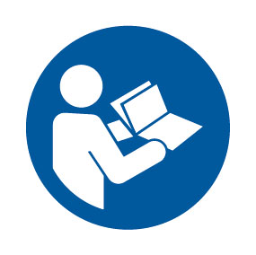 Block figure icon reading book, white figure in blue circle