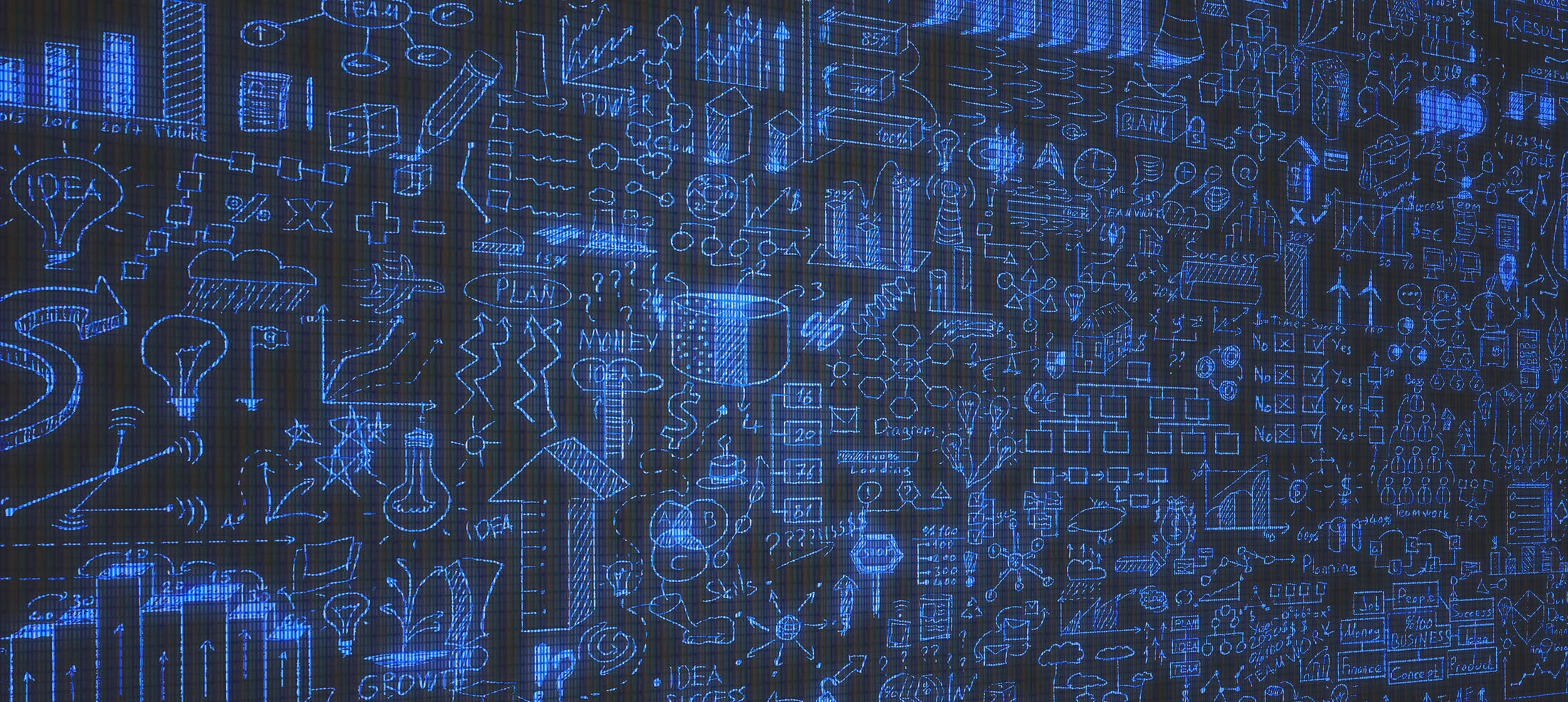 Digital board of business symbols in blue