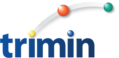 TriMin Company Logo, Blue Text with arching white line with primary colored dots