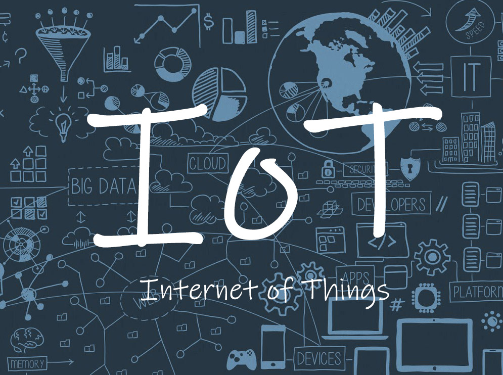 IoT script in white over chalkboard style drawings of web connection, devices, world and terms