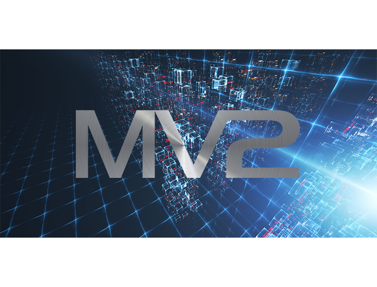 MV2 Logo on blue digital background
