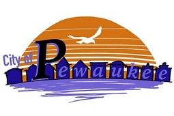 City of Pewaukee Logo, based on lakefront, in orange and blue