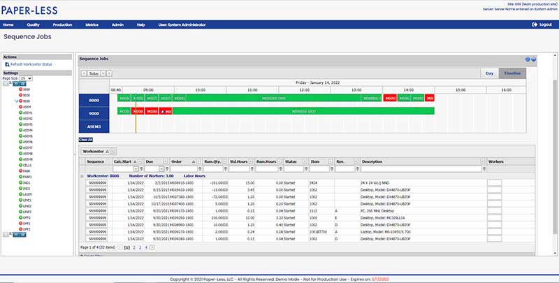 MV2 manufacturing production scheduling screen showing drag and drop planning